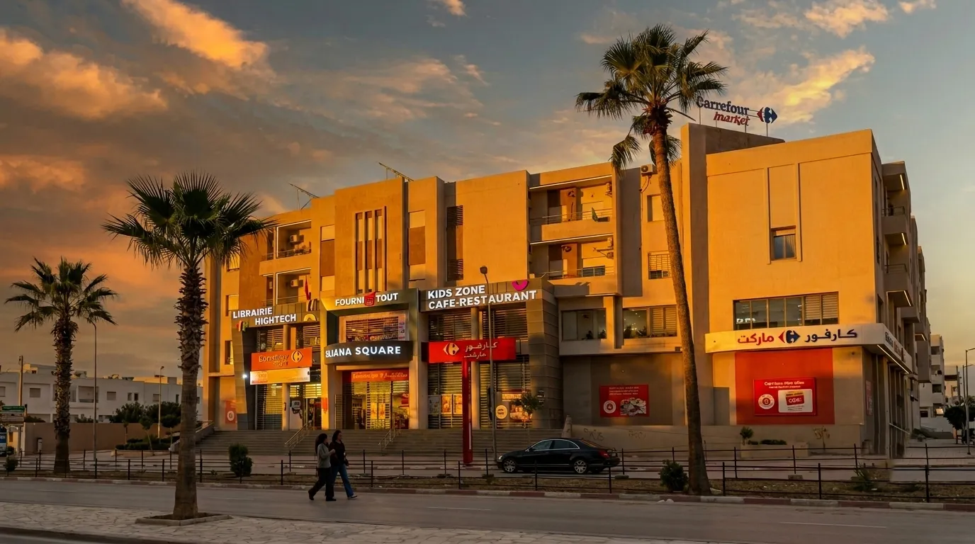 Façade de la Résidence Ouerfelli à Siliana, avec Carrefour Market et Siliana Square au rez-de-chaussée